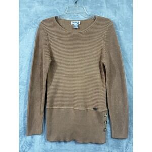 Collection L Womens Camel Tan Mixed Knit Side Button Long Sleeve Sweater Size 6